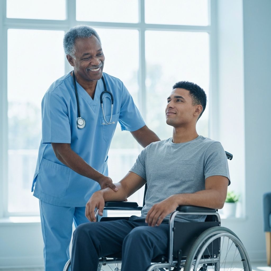 A friendly support worker in blue scrubs offering a reassuring hand to a young man in a wheelchair.